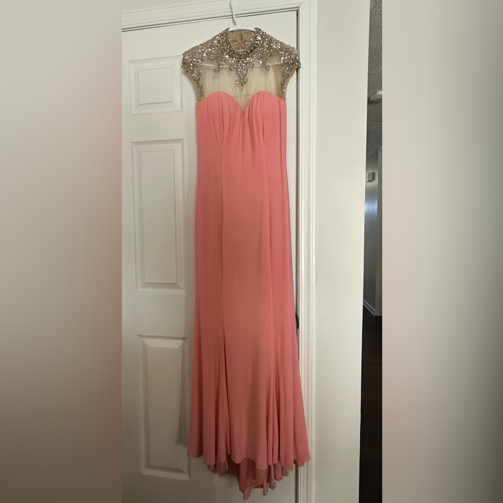 Prom Gown, Soft Coral color with beaded' mesh neckline, Size 10, Tiffany Designs